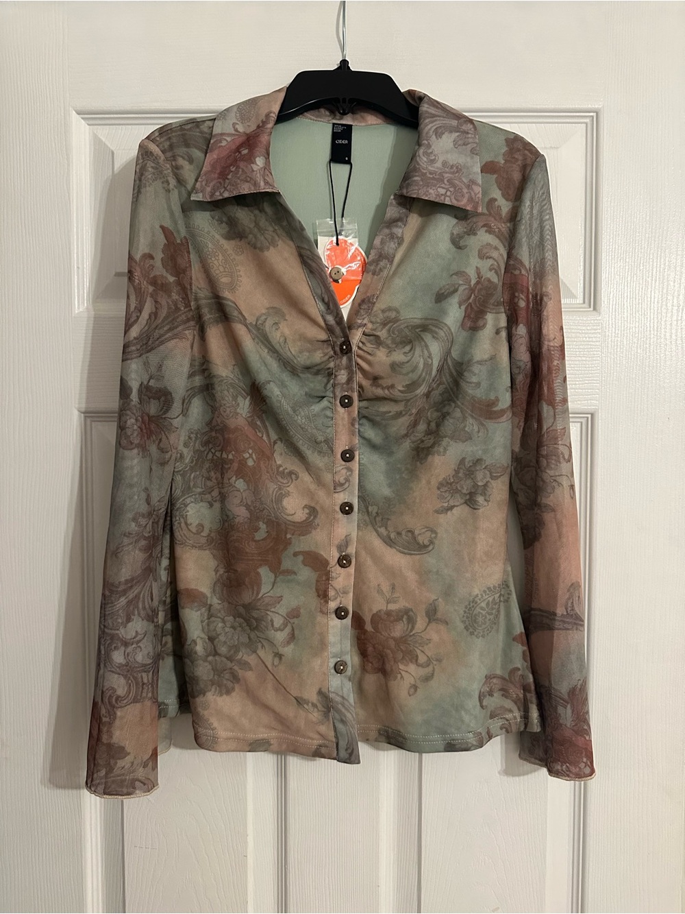 Cider Sheers Sleeve, lined Bodice Ruched Button-Down Top in Sage & Taupe